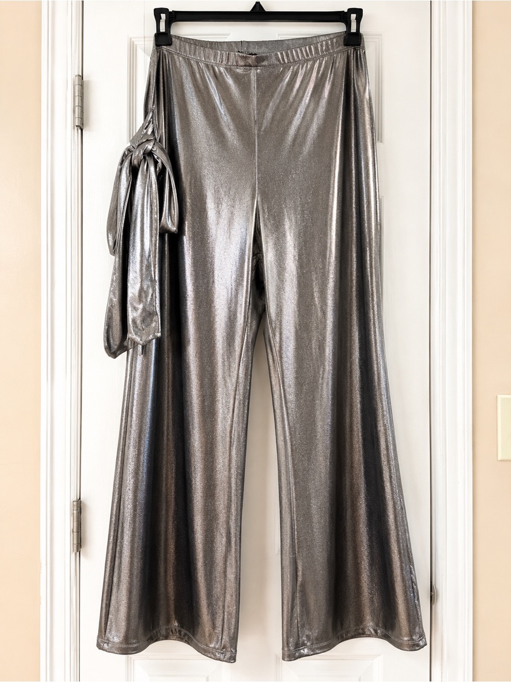 High-Shine Silver Wide-Leg Pants with Side Tie